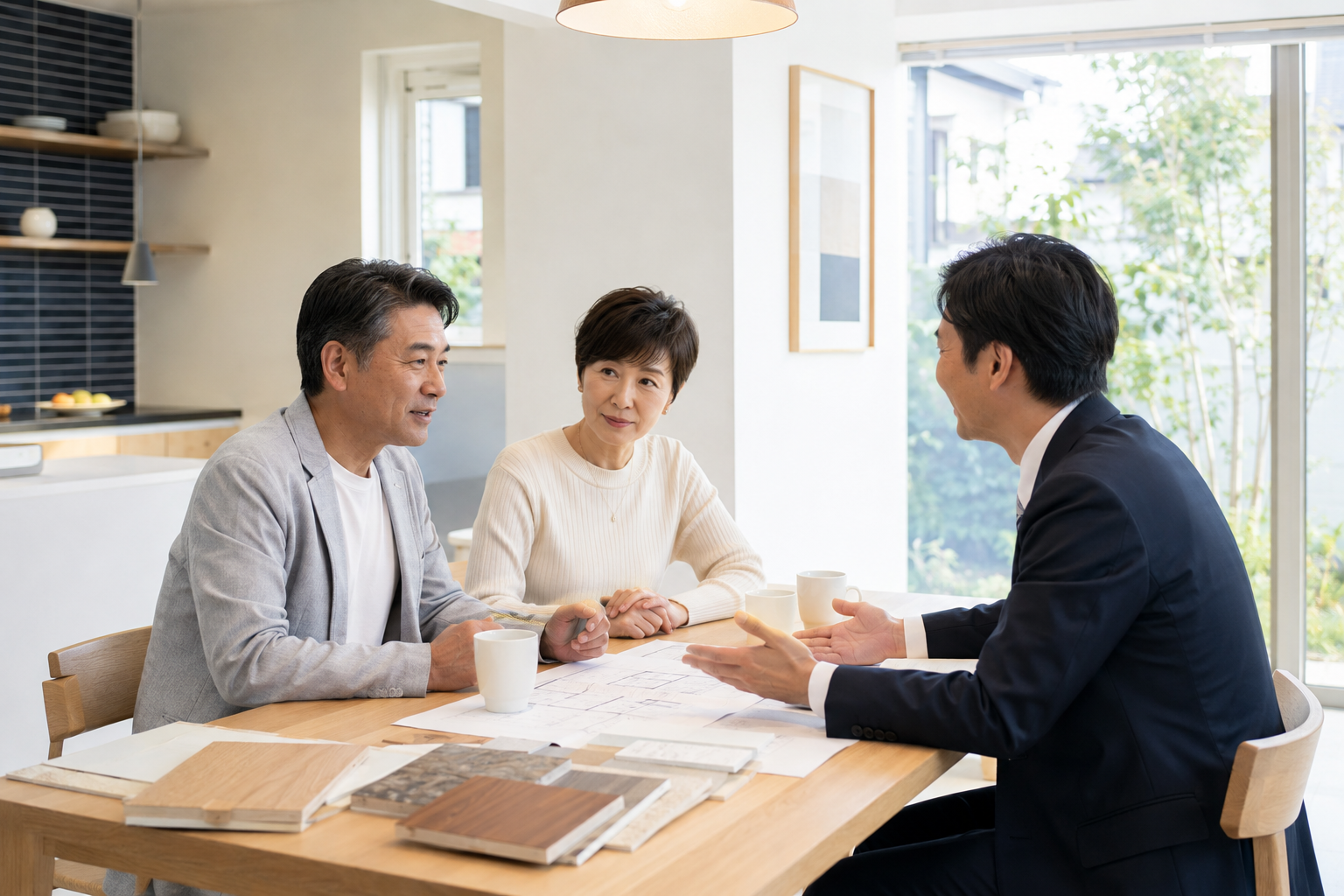 写真や図面を見ながら相談する50代夫婦